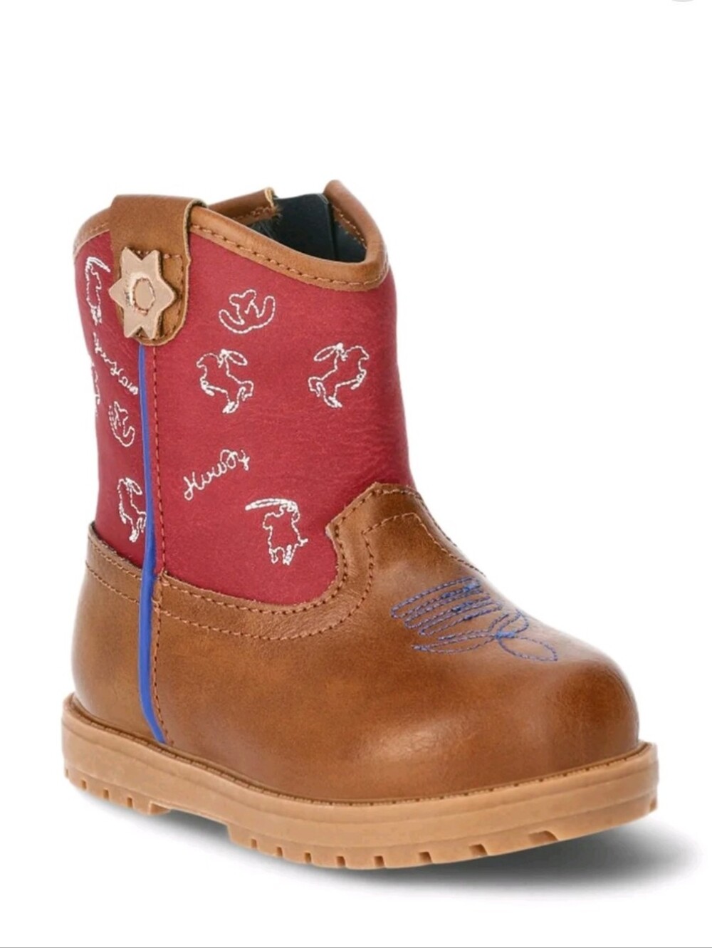 Children's Brown and Red Cowboy Boots with Blue Accent Size 4
